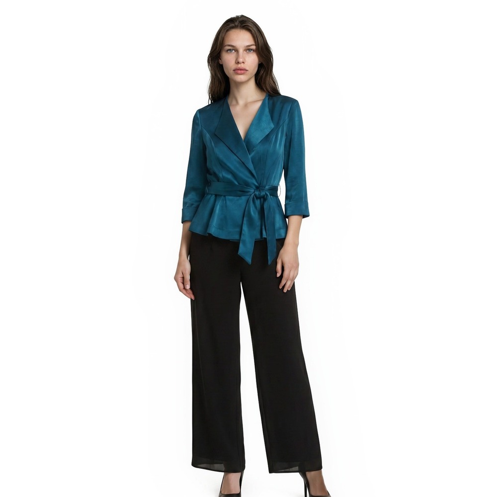 Alex Evenings Pants Jacket Set Women's Small Teal Blue Beaded Belted 2Pc Formal